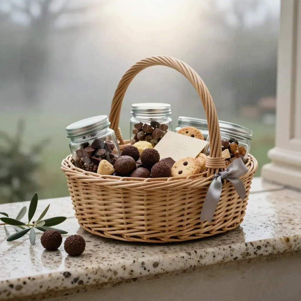 Cesto intrecciato di dolci artigianali su soglia in travertino dopo la pioggia, con biscotti, cioccolatini e confetti.