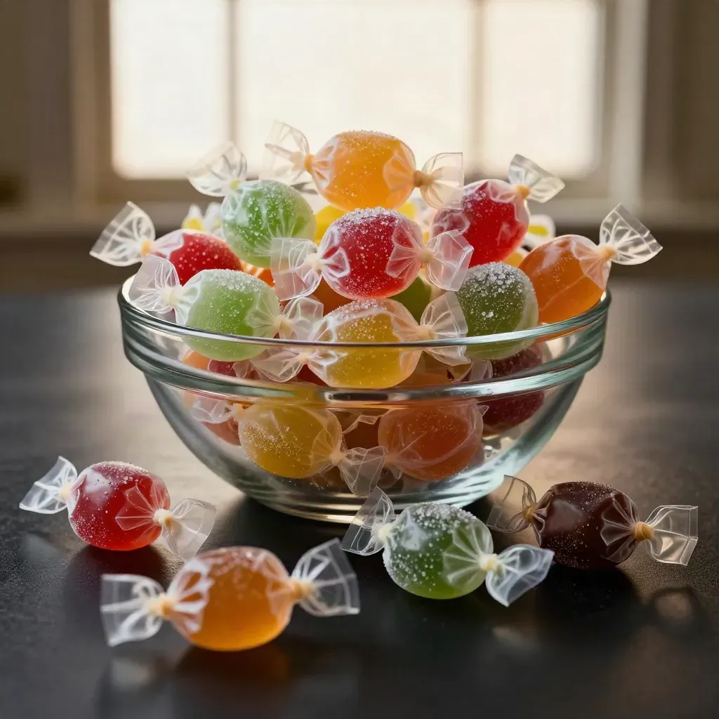 Caramelle frutta mista in ciotola di vetro su metallo spazzolato, con colori vivaci