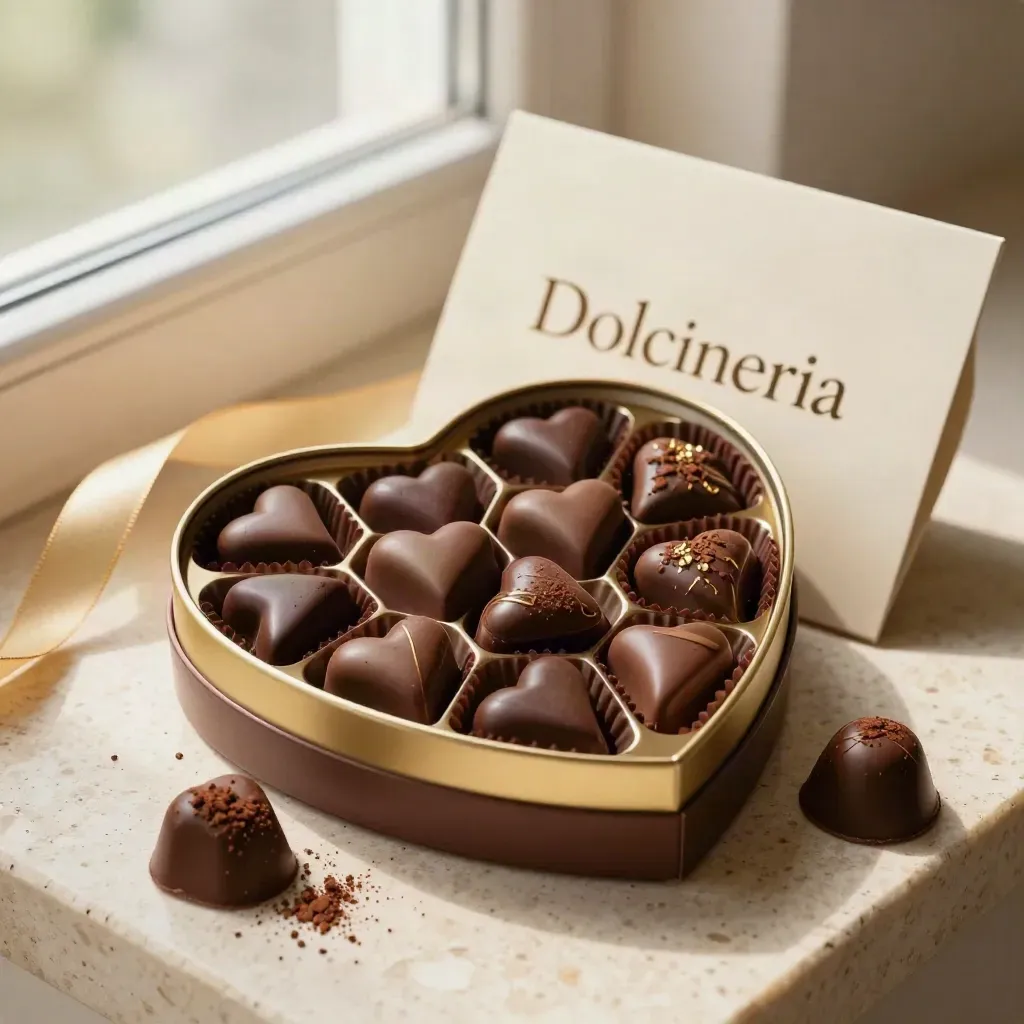 Scatola di cioccolatini a forma di cuore aperta su pietra chiara, con truffles e dettagli oro.