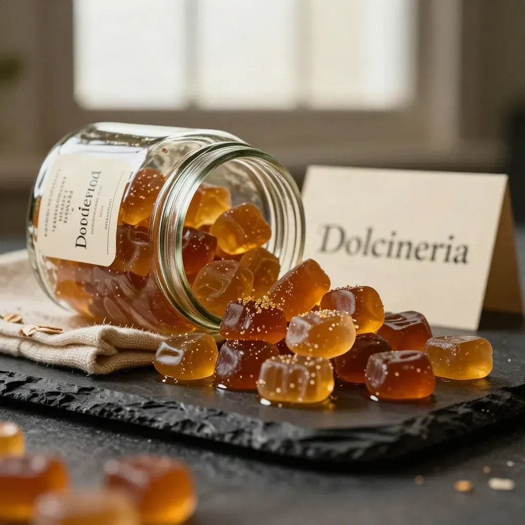 Barattolo di caramelle al miele con pezzi traslucidi che cadono su fondo nero, luce drammatica.