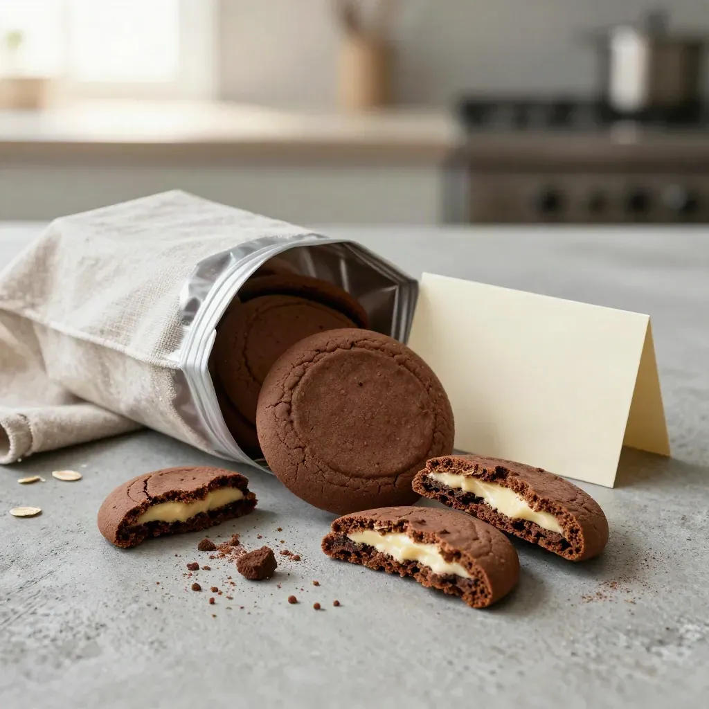 Sacchetto di frollini al cacao con briciole, biscotti rotti e tovagliolo di lino su cemento grigio