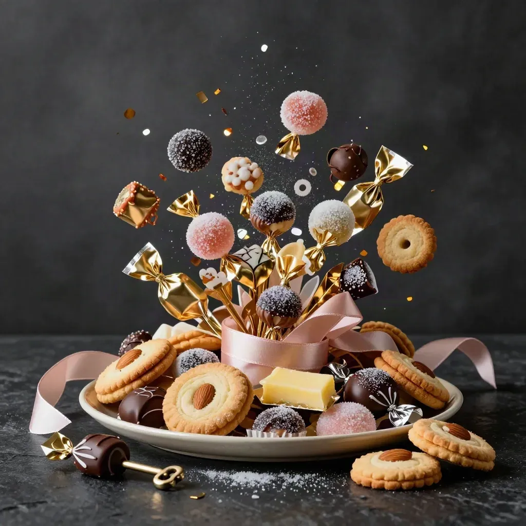 Set regalo di dolci assortiti con confetti e biscotti su fondo nero, luce drammatica.