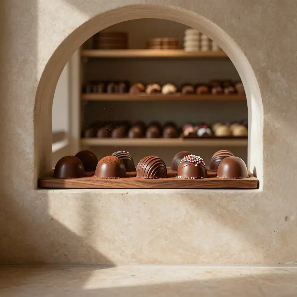 Nicchia ad arco con cioccolatini artigianali e luce calda, spazio calmo sotto per il testo